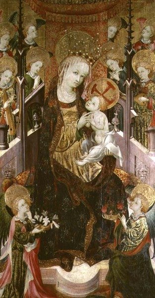 Madonna og barn på tronen omgivet af engle, midterpanel i en triptykon, 1400-30 (se også 232817) af Master of Burgo de Osma