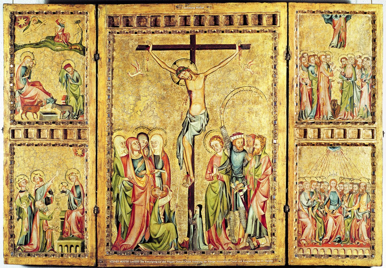 Altertavle med korsfæstelsen i midterpanelet og scener fra Kristi liv på sidepanelerne, ca. 1330 (panel) af Master of Cologne