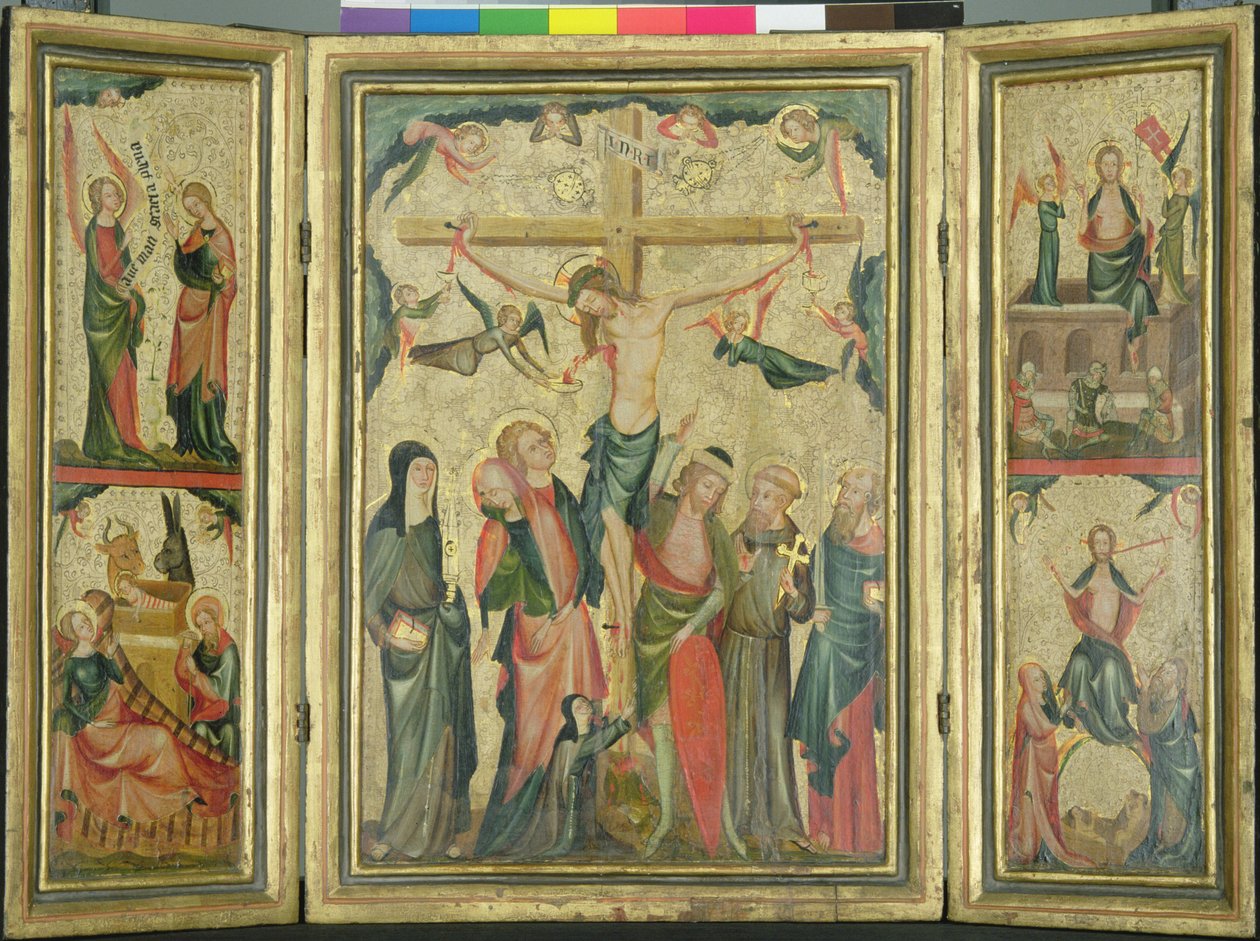 Triptykon, der skildrer Kristi korsfæstelse, ca. 1350 (tempera og bladguld på panel) (se også 150814) af Master of Cologne