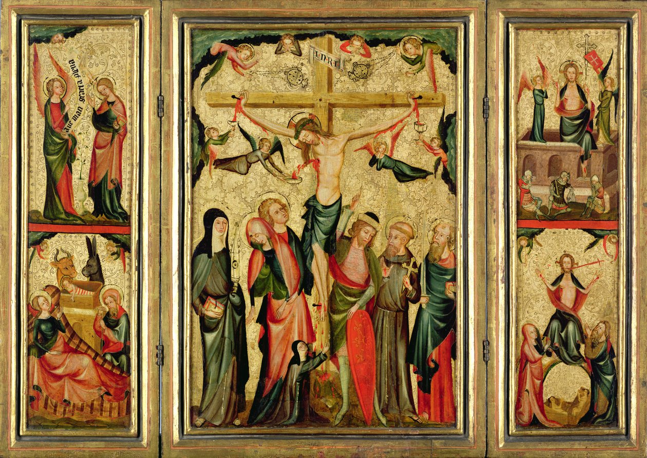 Triptykon, der skildrer Kristi korsfæstelse, ca. 1350 (tempera og bladguld på panel) (se også 182372) af Master of Cologne