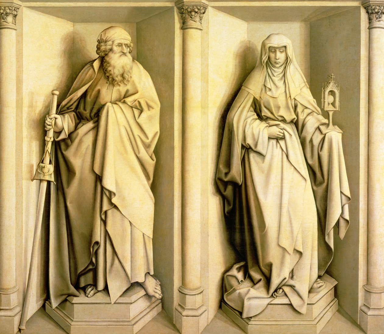 St. James the Great og St. Clare, predella-panel fra The Nuptials of the Virgin (se 53825 for hovedpanel) af Master of Flémalle