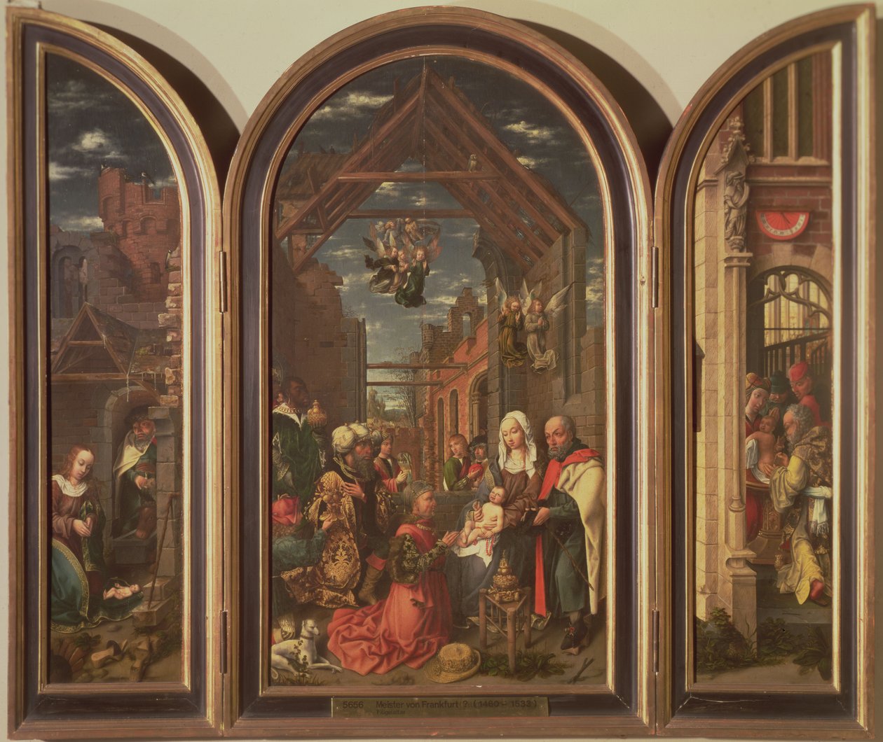 Triptykon, der skildrer tilbedelsen af Magi (i midten), Fødselen (venstre) og Omskæringen (højre), ca. 1512 (panel) af Master of Frankfurt