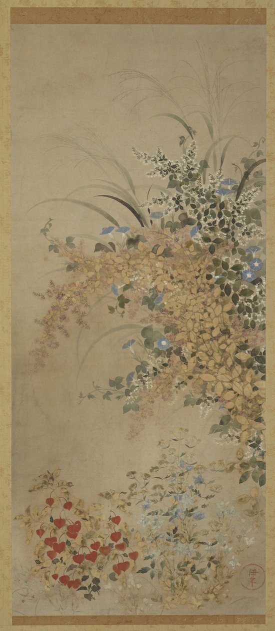 Blomster og græsser, Hængende rulle (monteret på panel), 1600-30 (blæk og farve på papir) af Master of I nen Seal