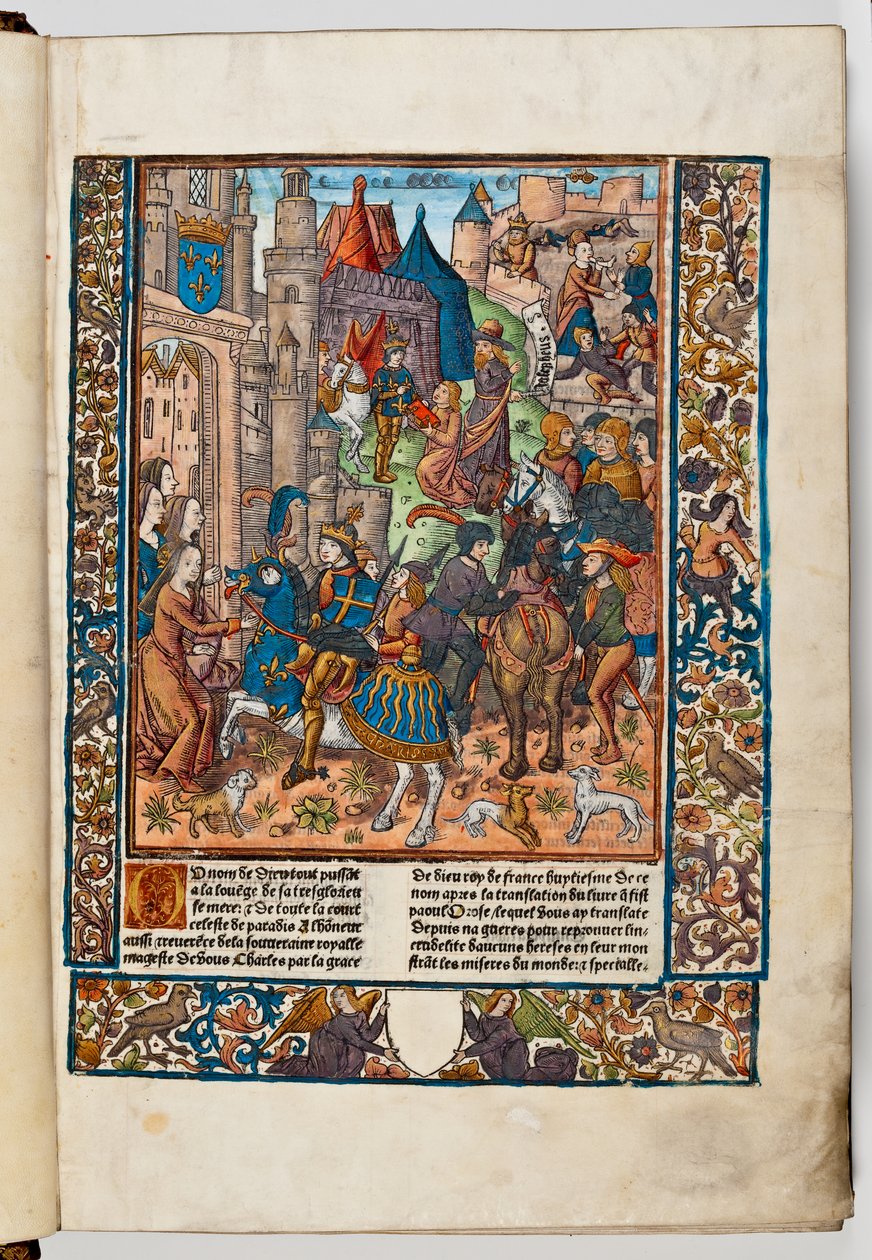 Bogtrykkeren Verard præsenterer sin bog til Charles VIII af Frankrig, 1492 (håndfarvet tryk) af Jacques de Besancon