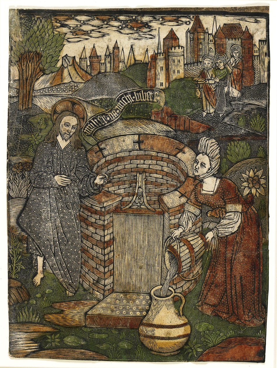 Kristus og kvinden i Samaria, ca. 1470 (håndfarvet metalsnit med grønt, rødt og gult) af Master of Jesus in Bethany Master of Jesus in Bethany