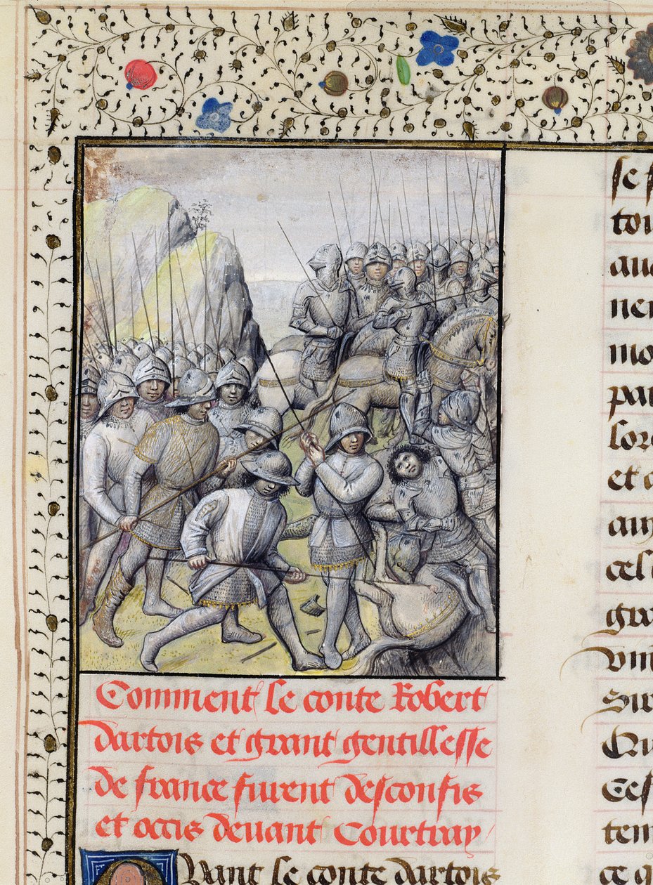 Ms 659 f.137 r. Flamlænderne besejrer den franske hær i slaget ved Golden Spurs nær Courtrai i 1302, 1477 af Master of Mary of Burgundy