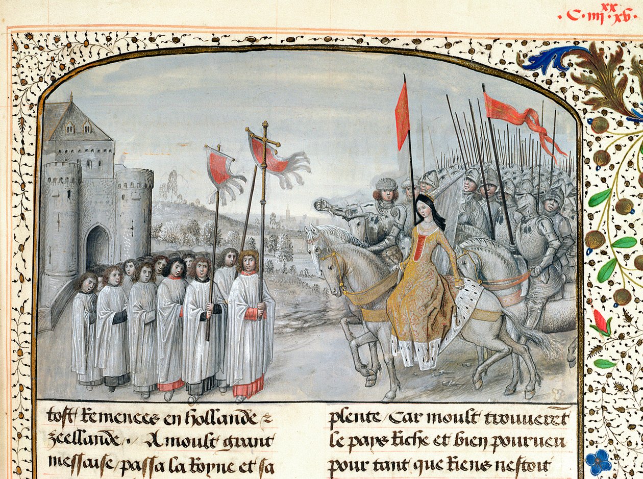 Ms 659 f.195. Dronning Isabella (1292-1358) af Frankrig og hendes søn Edward III (1312-77) bliver budt velkommen i Oxford i 1326, 1477 af Master of Mary of Burgundy