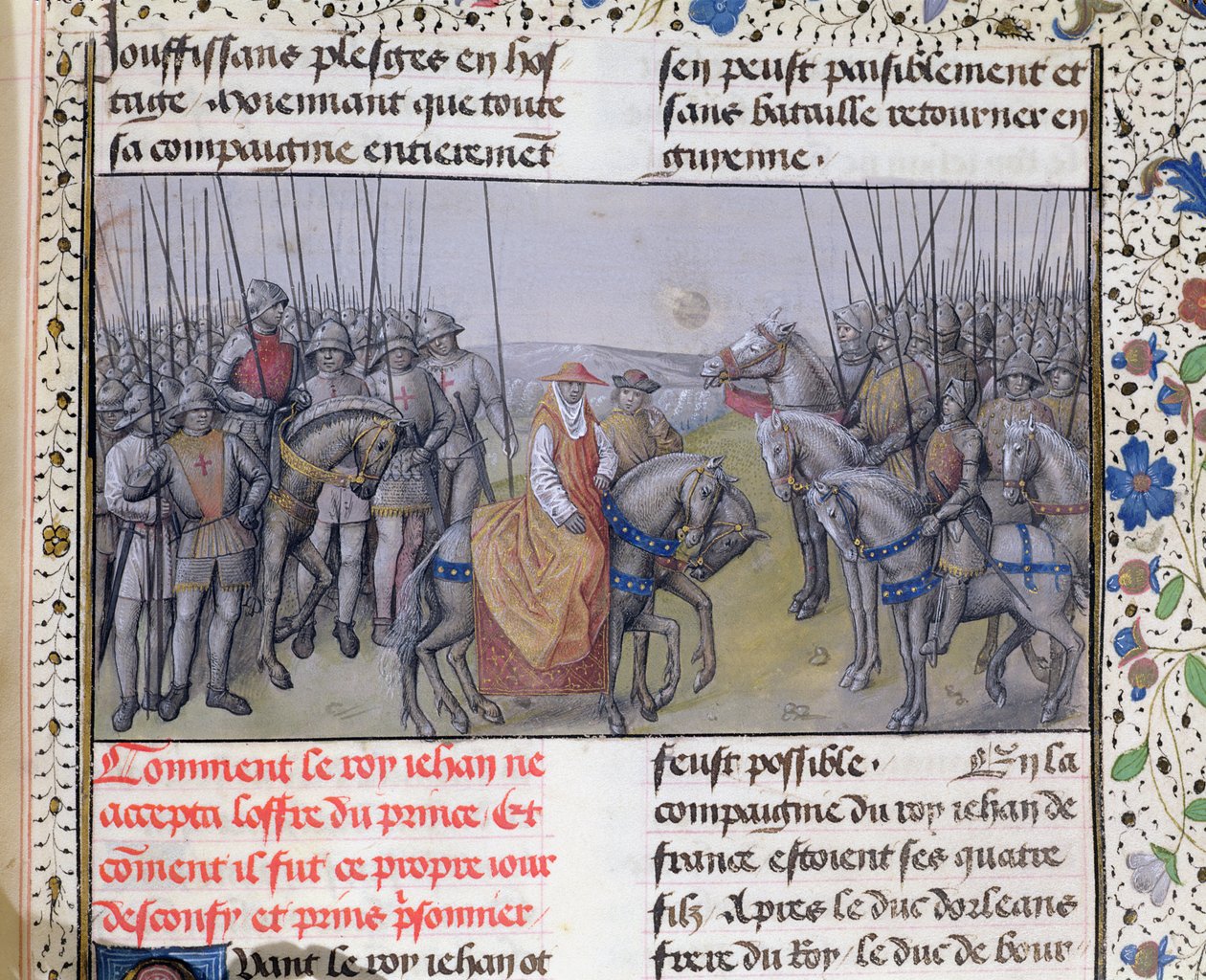 Ms 659 f.267 r. Johannes II den Gode taget til fange af englænderne i slaget ved Poitiers, 1356 af Master of Mary of Burgundy