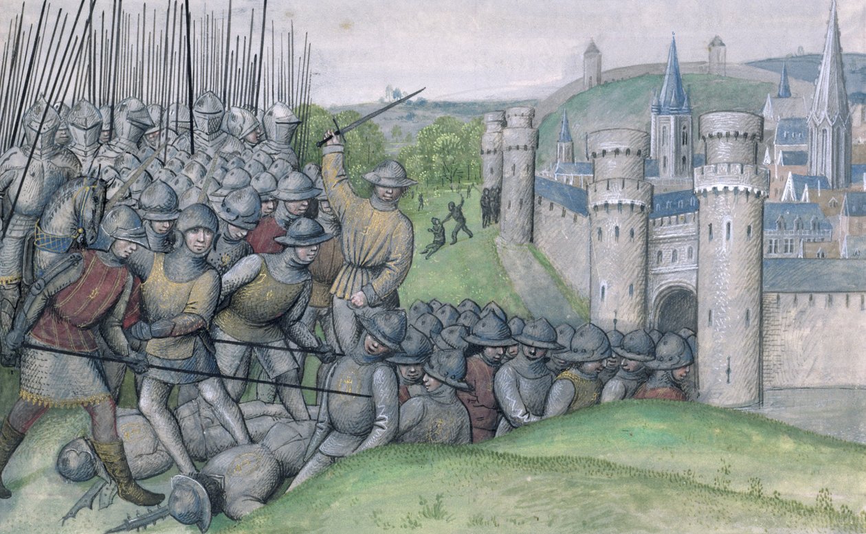 Ms 659 f.282r Louis, greve af Flandern og byen Brugge bliver besejret af Filips van Artefelde og befolkningen i Gent i slaget ved Bevenhoutsveld i 1382, 1477 af Master of Mary of Burgundy