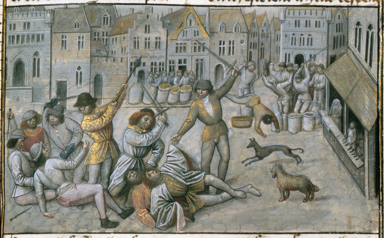 Ms 659 fol.226r Familien Artevelde. Gadekampe i Gent, 1477 vellumdetalje af 270533 af Master of Mary of Burgundy