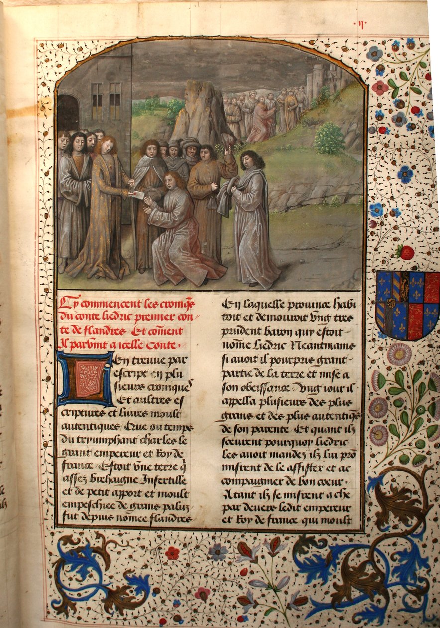 Ms 659 fol.2r Karl den Store navngiver den første greve af Flandern, 1477 af Master of Mary of Burgundy
