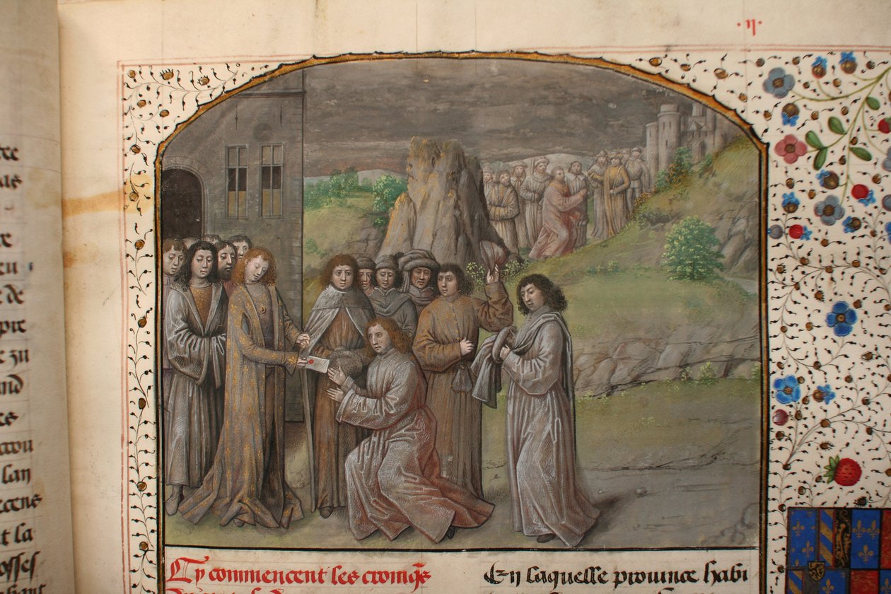 Ms 659 fol.2r Charlemagne navngiver den første greve af Flandern, 1477 vellumdetalje af 282597 af Master of Mary of Burgundy