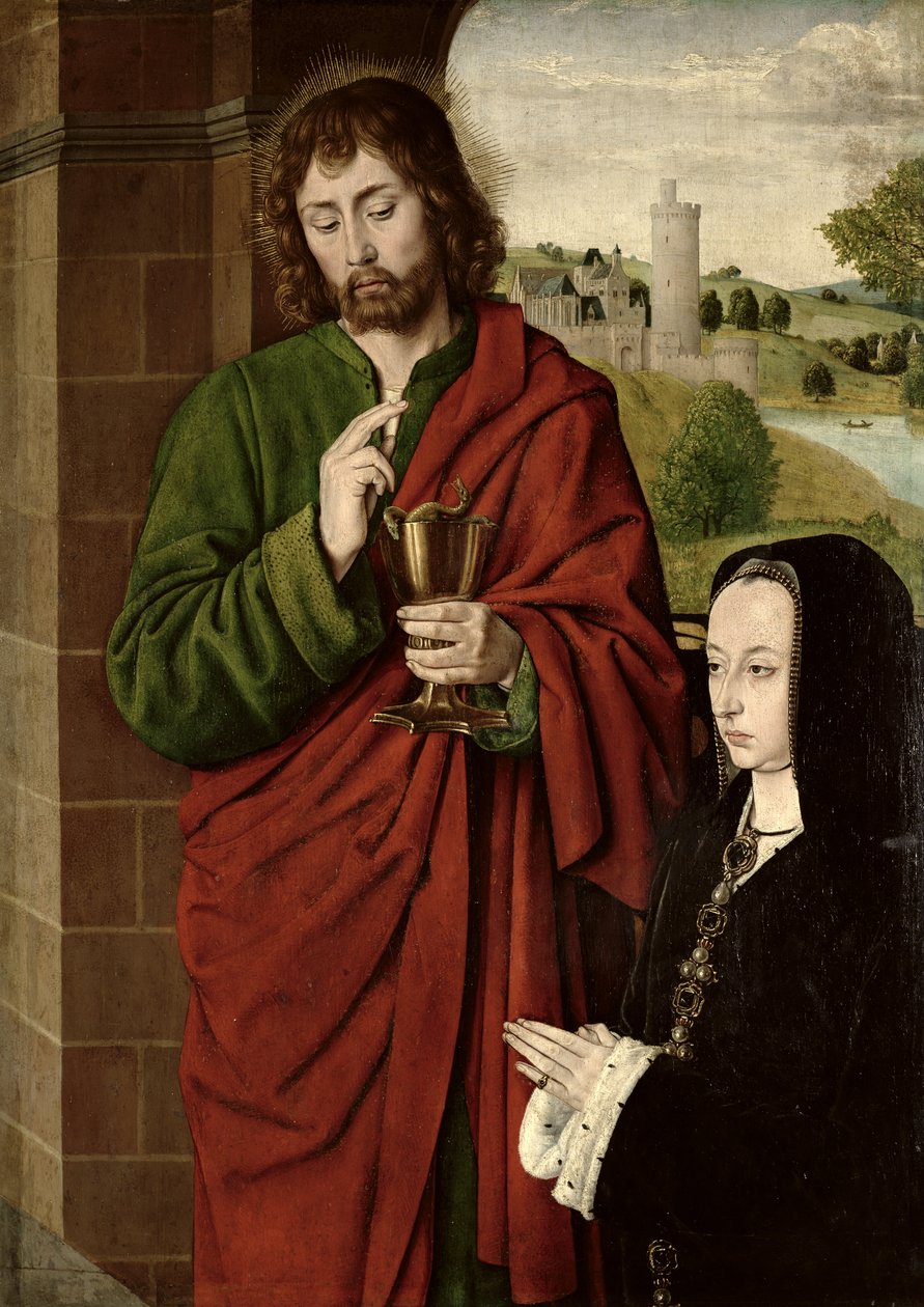 Anne af Frankrig (1462-1522) Frue af Beaujeu, hertuginde af Bourbon, præsenteret af den hellige Johannes Evangelisten, højre fløj af en triptychon, ca.1492-93 (panel på panel) af Master of Moulins