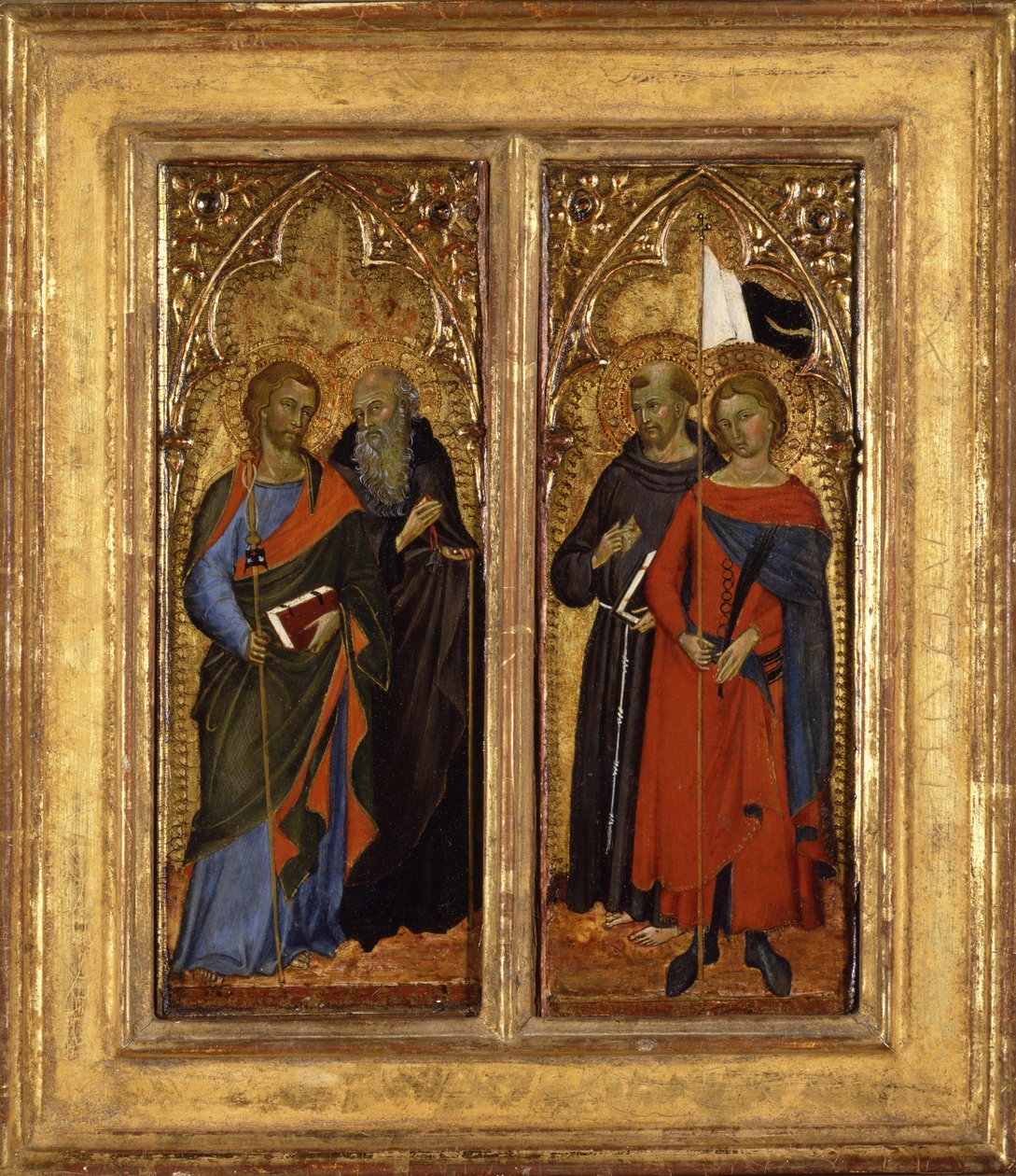 De hellige Jakob, Antonius Abbed, Frans og Ansanus, ca. 1385-90 (tempera på panel) af Master of Panzano
