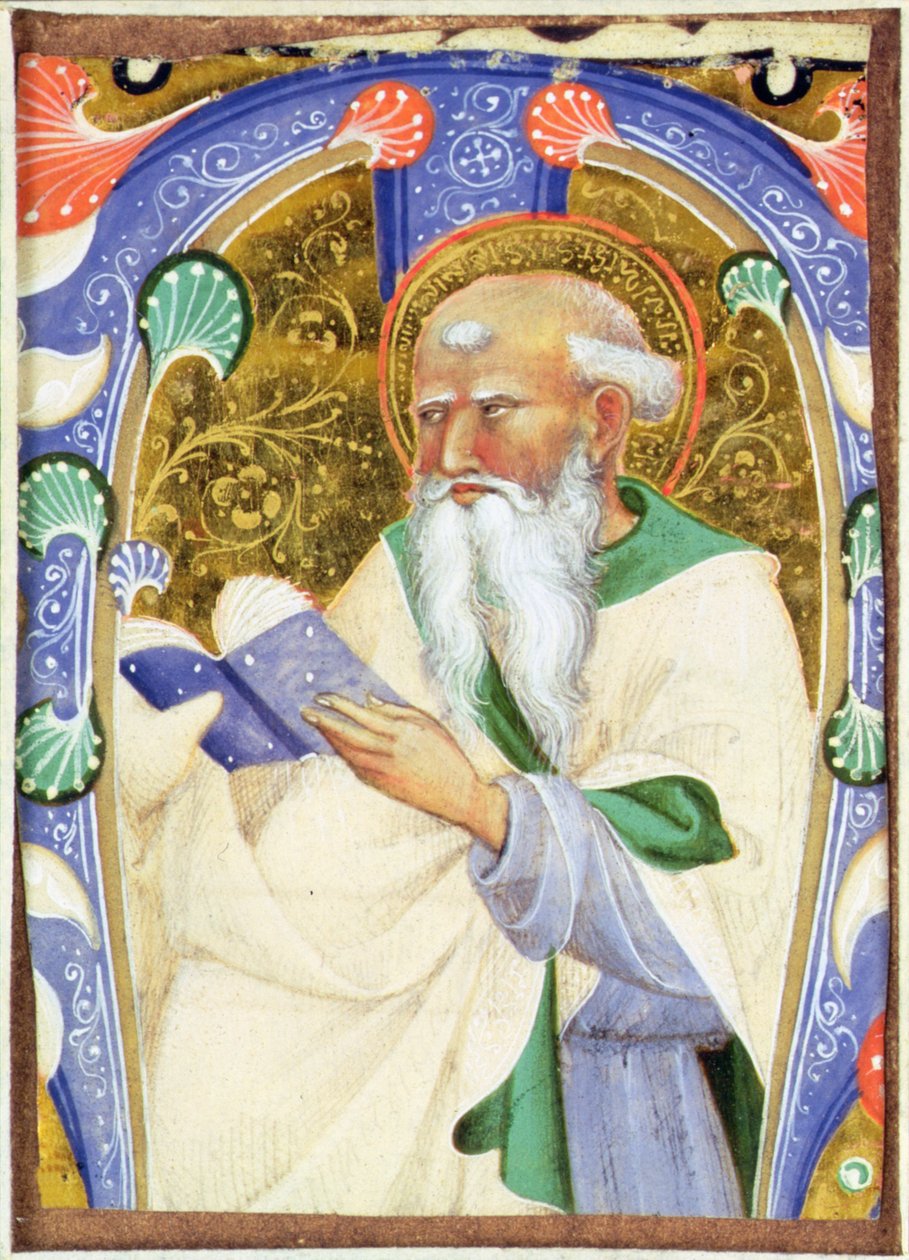 Historik initial M, der forestiller en skægget helgen med en bog af Master of San Michele of Murano