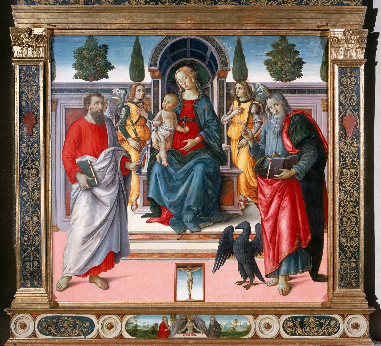 Madonnaen og barnet på tronen, to engle, Sankt Bartolomæus og Sankt Johannes Evangelisten. af Master of Santo Spirito Master of Santo Spirito