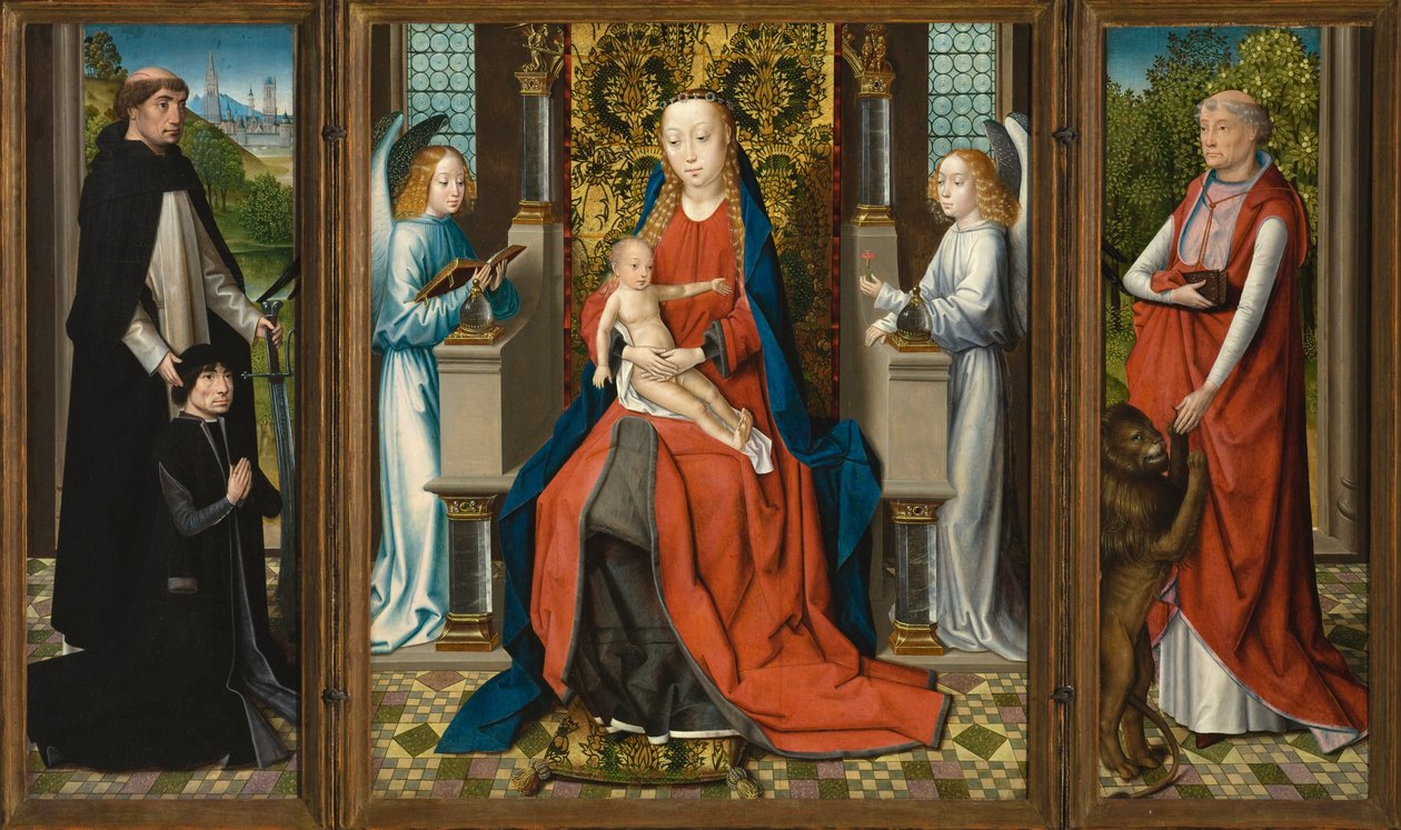 Triptykon af Madonna og barn med engle; Donor og hans skytshelgen Peter Martyr; og Sankt Jerome af Master of The Legend of St. Lucy