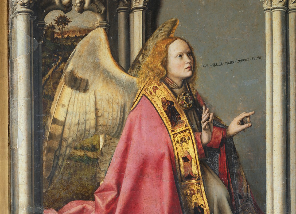 Englen, Gabriel, bebuder Jomfru Maria, ca. 1445 (detaljer fra 26541) af Master of the Aix Annunciation