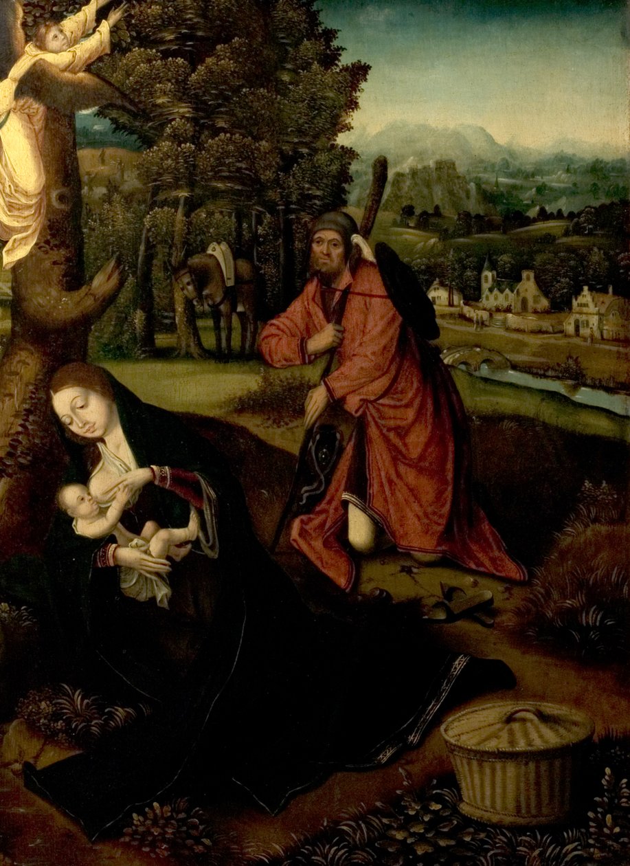 Resten på flugten til Egypten (Jomfruen, barnet og Sankt Josef i et landskab) af Master of the Antwerp Adoration