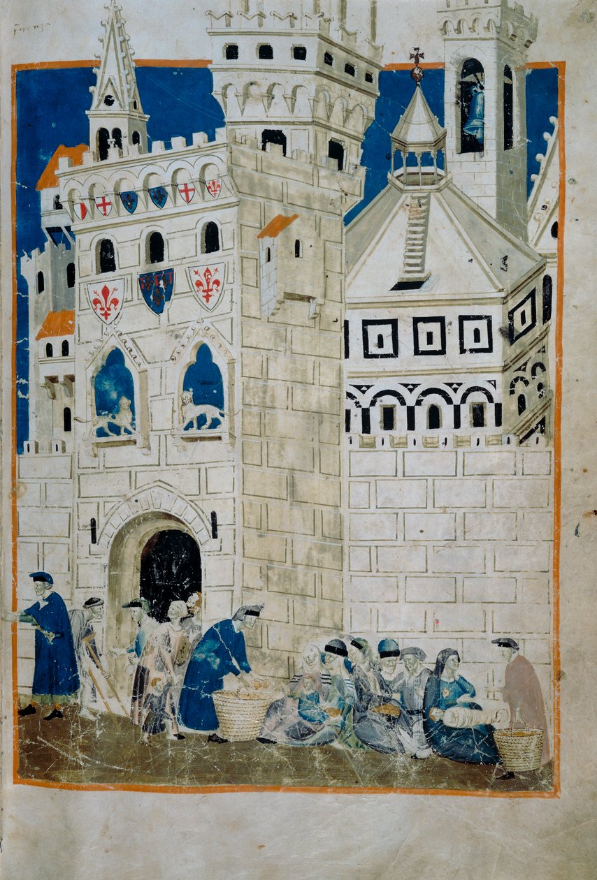 De fattige i Siena bød velkommen til Firenze (Codice Tempi 3, ca. 58), miniature fra Biadaiolo Codex af Master of the Biadaiolo Codex Master of the Biadaiolo Codex