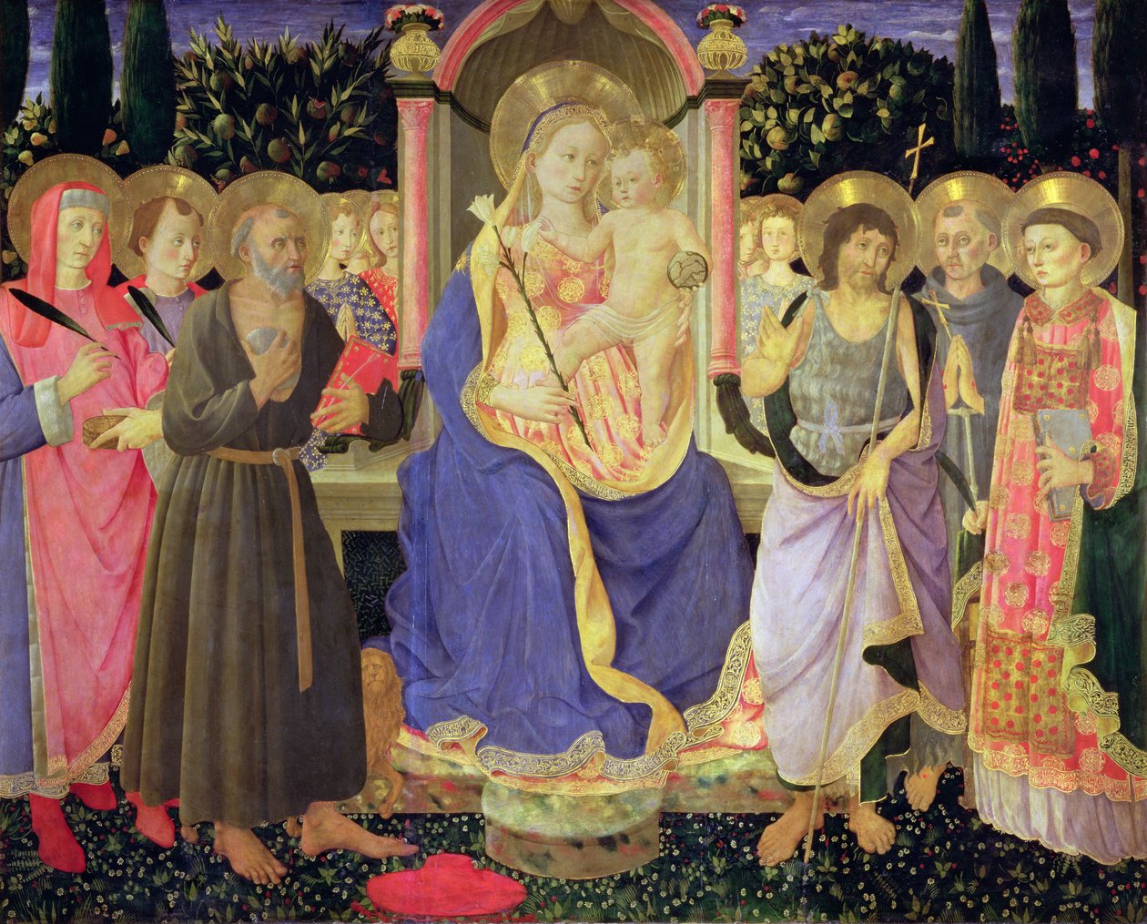 Madonna og barn troner med helgener (altertavle) (panel) af Master of the Buckingham Palace Madonna
