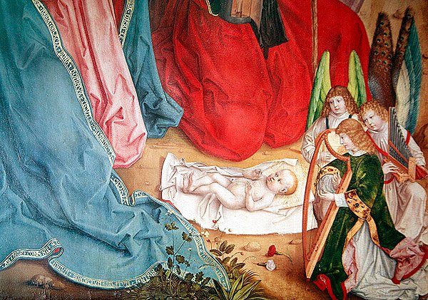 Detalje af hyrdernes tilbedelse, panel yderst til venstre fra bordet på højalteret, 1480 af Master of the Carnation