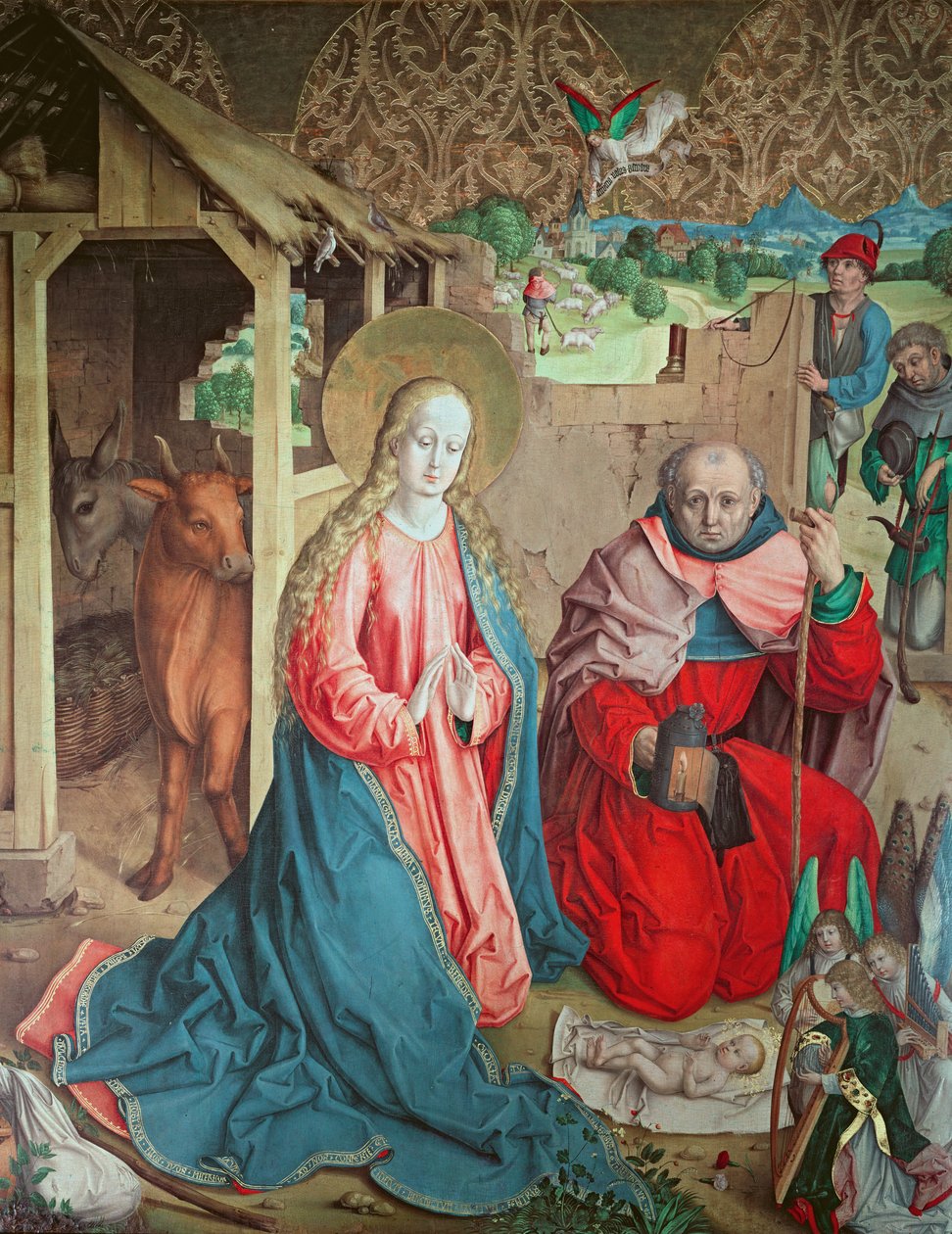 Hyrdernes tilbedelse, panel yderst til venstre fra bordet på højalteret, 1480 af Master of the Carnation