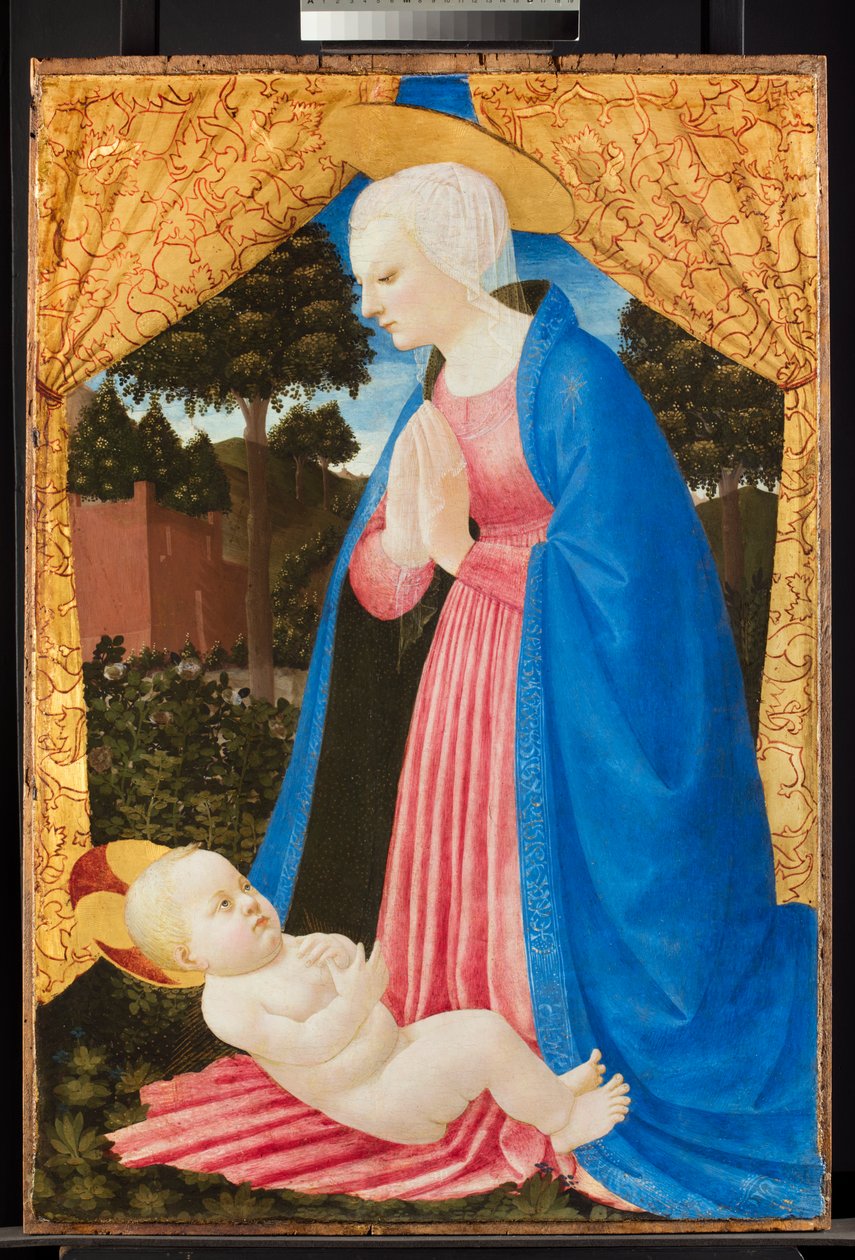 Jomfru tilbeder barnet, slutningen af det 15. århundrede (tempera med olieglasurer og guld på panel) af Master of the Castello Nativity