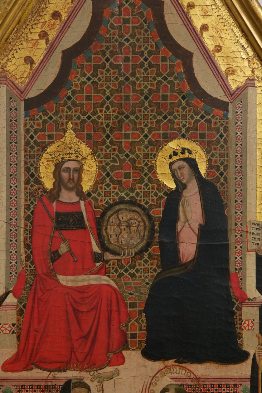 Detalje af jomfruens, Kristus og de 17 helliges tempera på panel af Master of the Dominican Effigies