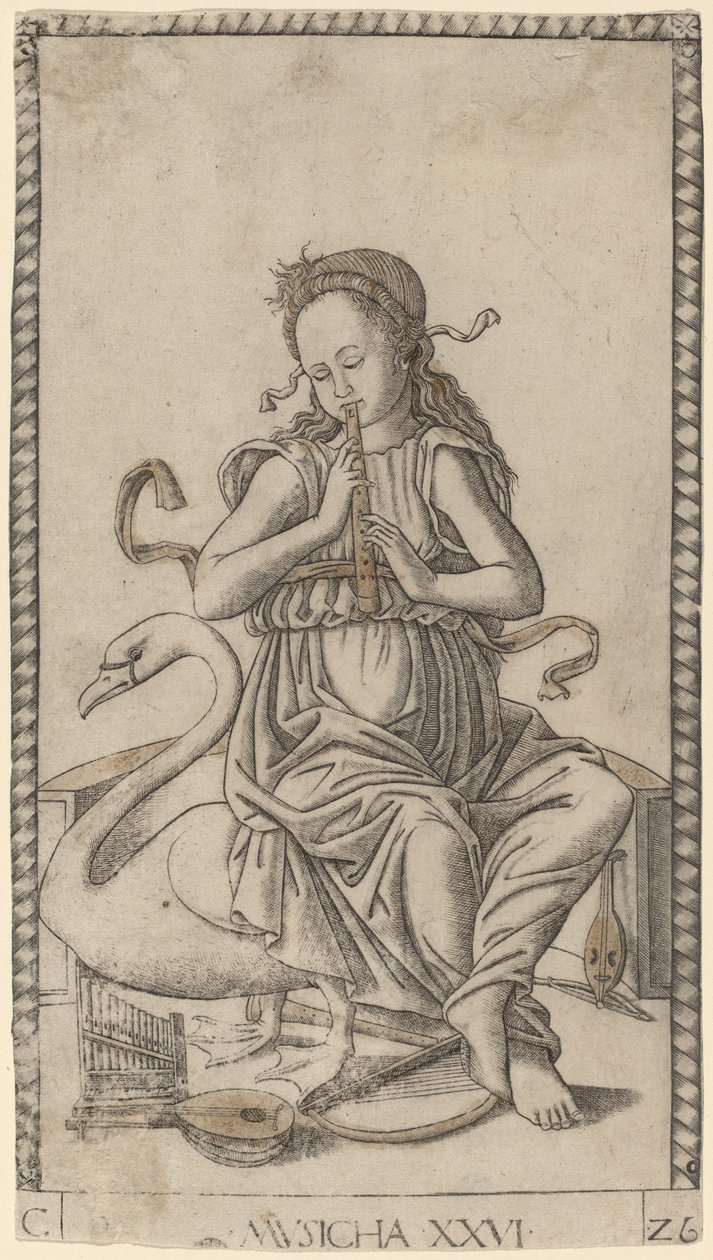 Musicha (Musik) c.1465 (gravering med forgyldning) af Master of the E Series Tarocchi