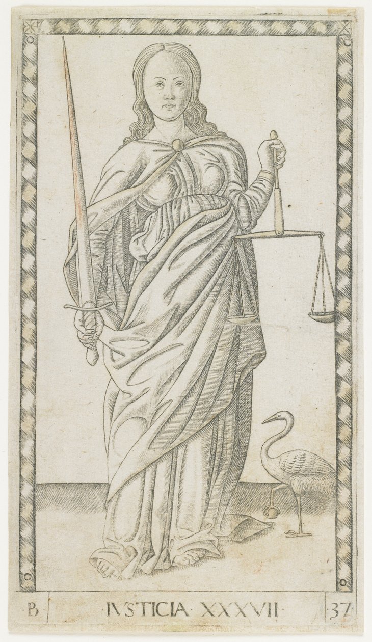 Justice, ca. 1465 (gravering forhøjet med guld) af Master of the E Series Tarocchi Master of the E Series Tarocchi