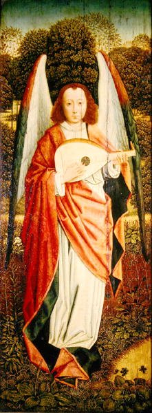 Jomfruen og barnet med engle, venstre panel forestillende en englemusiker af Master of the Embroidered Foliage