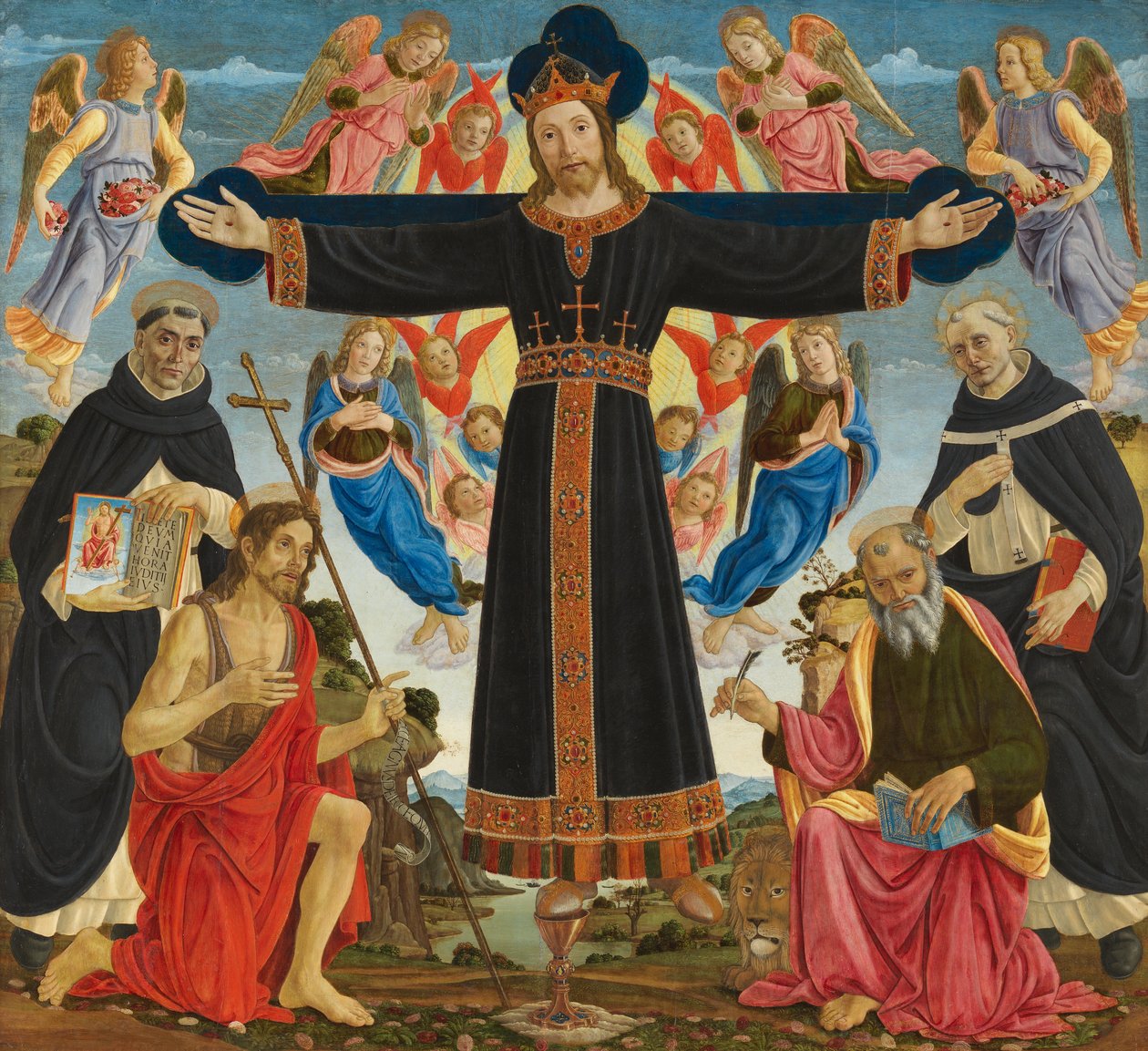 Kristus på korset med de hellige Vincent Ferre, Johannes Døberen, Markus og Antonius, ca. 1491-5 (tempera og olie på panel) af Master of the Fiesole Epiphany
