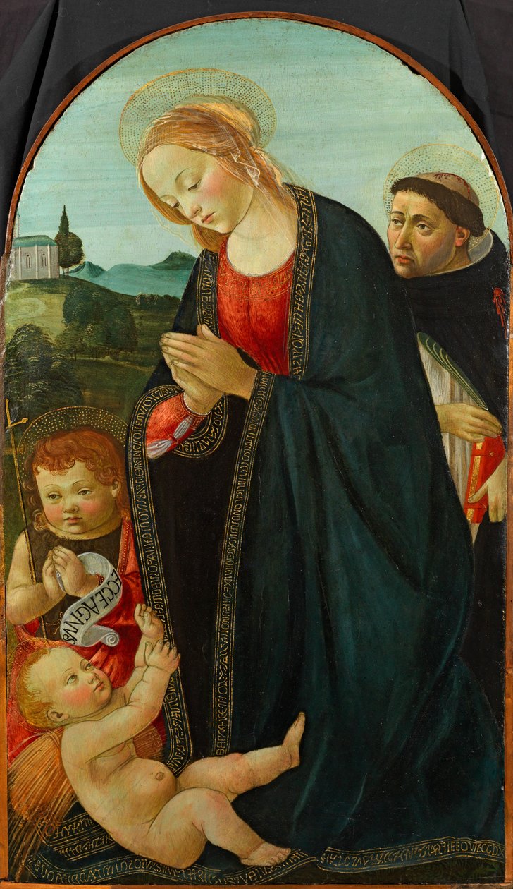 Jomfru og barn med Johannes Døberen og Sankt Peter Martyren (tempera på panel) af Master of the Fiesole Epiphany
