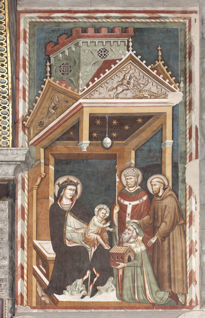 Madonna og barn med den hellige Frans, den hellige Nikolaus og Antonio Fissiraga, Fissiraga Grav, 1318 af Master of the Fissiraga Tomb Master of the Fissiraga Tomb
