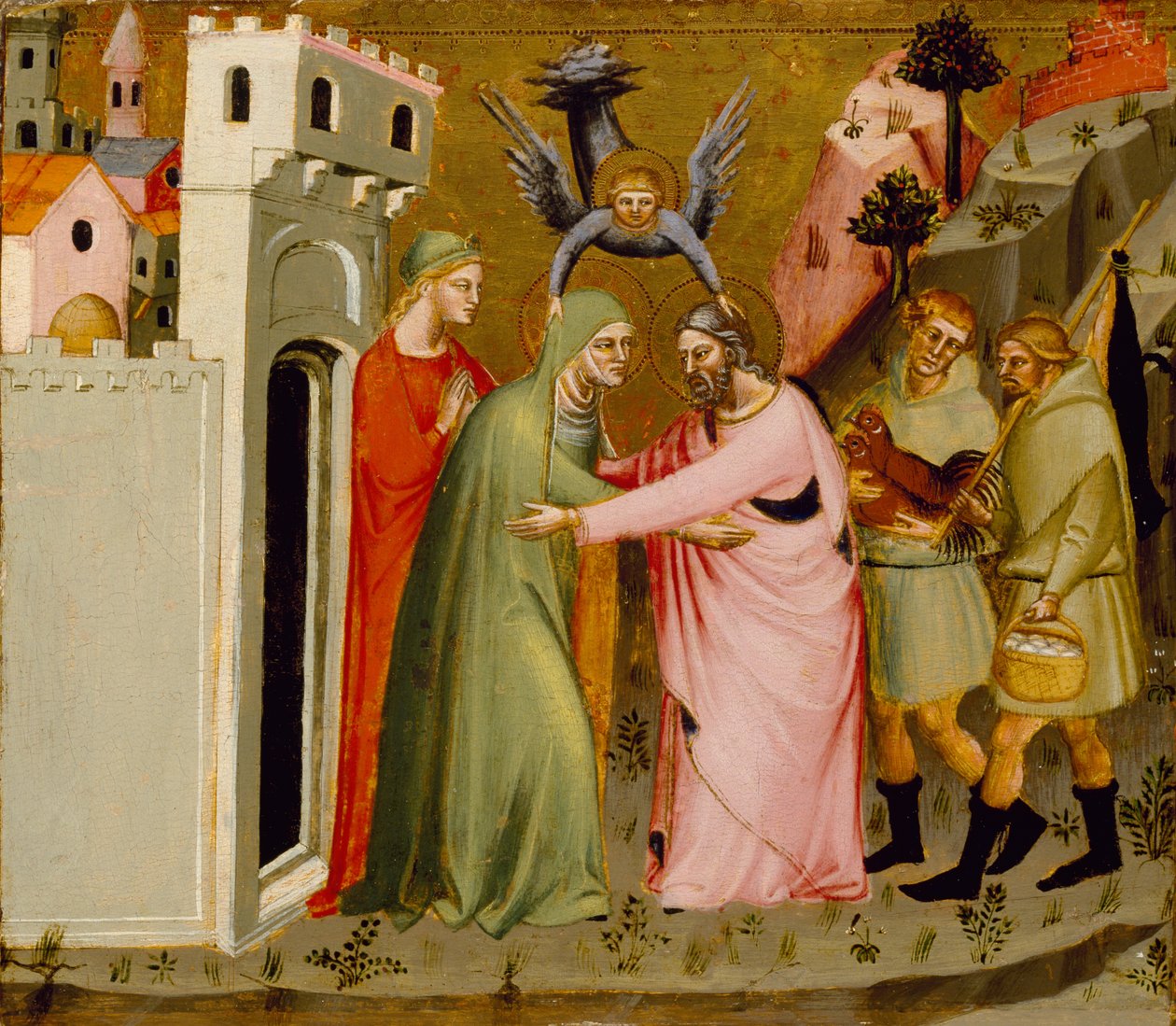 Mødet mellem Anna og Joachim ved Den Gyldne Port, ca. 1370-90 (tempera og bladguld på panel) af Master of the Golden Gate Master of the Golden Gate