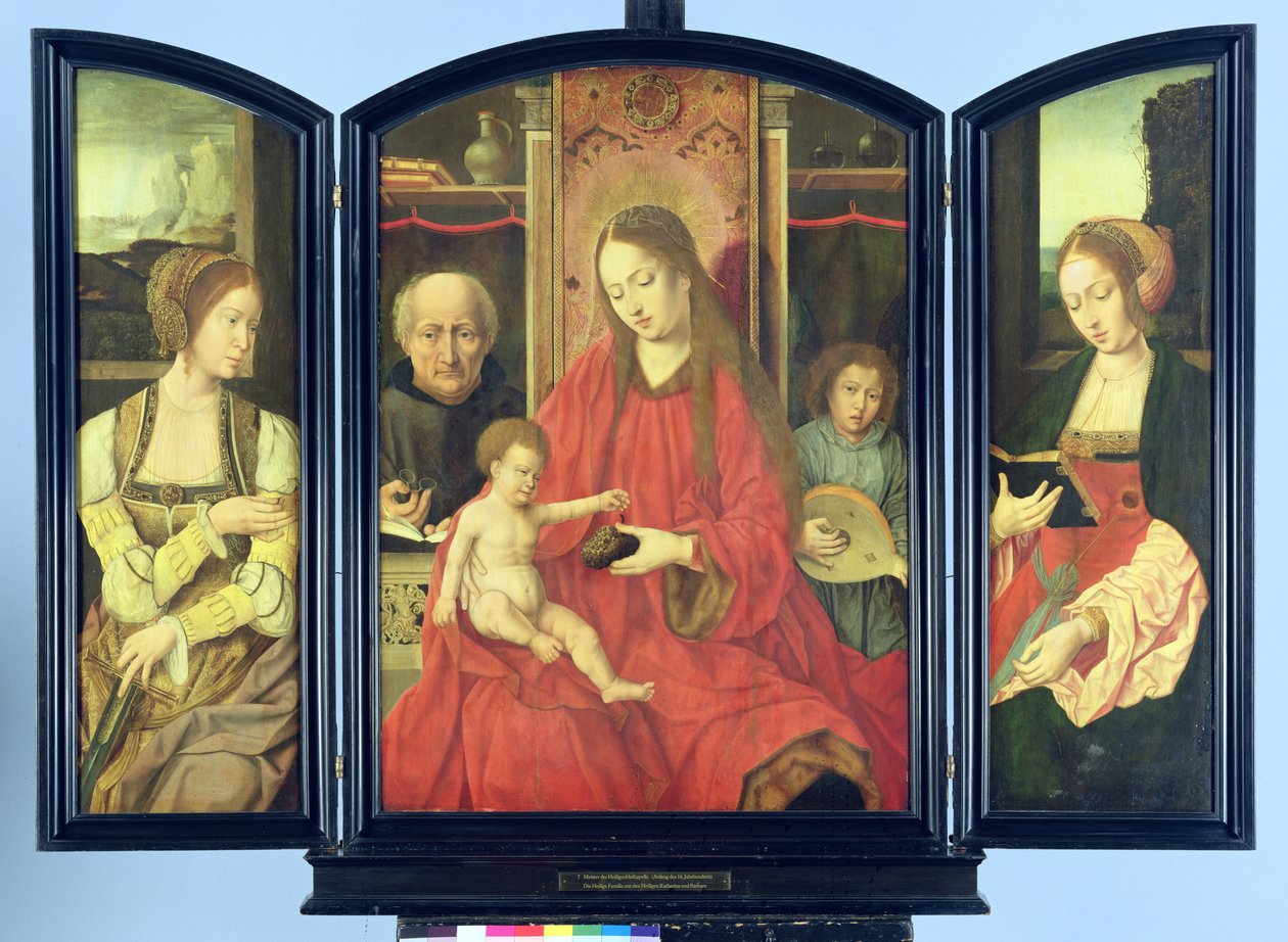 Den hellige familie med St. Catherine og St. Barbara, triptykon (tempera på panel) af Master of the Holy Blood