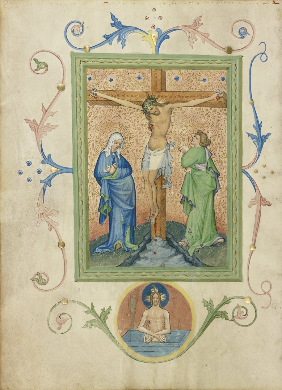 Korsfæstelsen fra Collegium Ducale-missalet, ca. 1420-30 (temperafarver, bladguld og blæk på pergament) af Master of the Kremnitz Stadtbuch