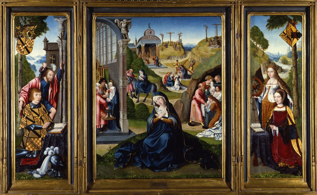Ashwellthorpe-triptykonen om Marias syv sorger, der skildrer scener fra Jomfruens liv, med sidepaneler, der forestiller to donorer med SS. Catherine og Christopher, ca. 1520 af Master of the Legend of the Magdalen