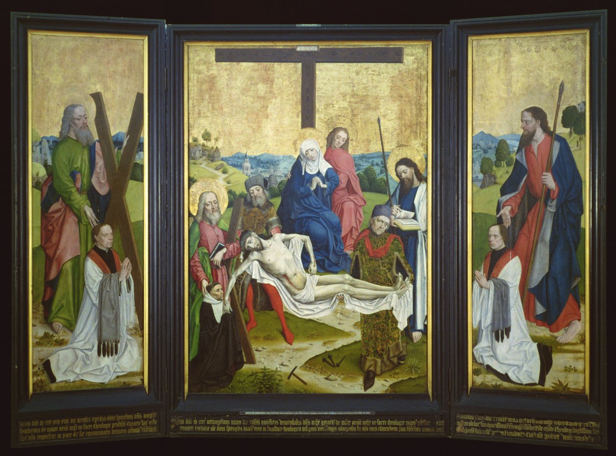 Altertavle med pieta og donorer i midterpanelet; St. Andrew og St. John på sidepanelet, ca. 1480-90 (eg) af Master of the Life of Virgin Mary