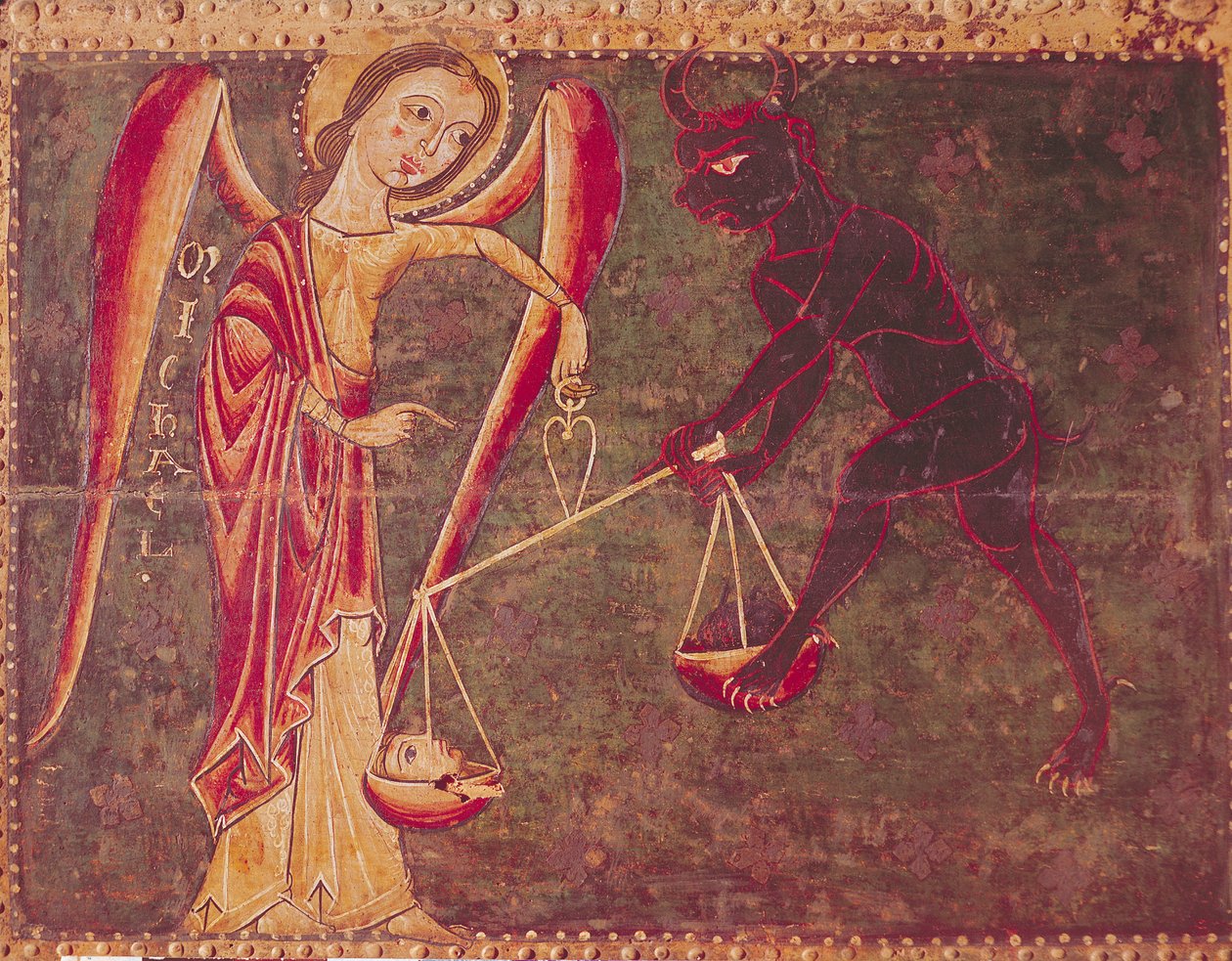 St. Michael Weighing Souls, fra en altertavle dedikeret til ærkeenglen Michael, ca. 1200 (tempera på panel) af Master of the Llusanes