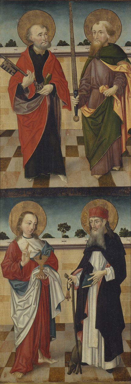 Øverst: St. Peter holder en nøgle og St. Paul holder et sværd; Nederst: Sankt Johannes evangelisten holder en kalk indeholdende en slange og Sankt Antonius den Store holder en pilgrimsstang med en gris ved hans fødder, af Master of the Luneburg Footwashers