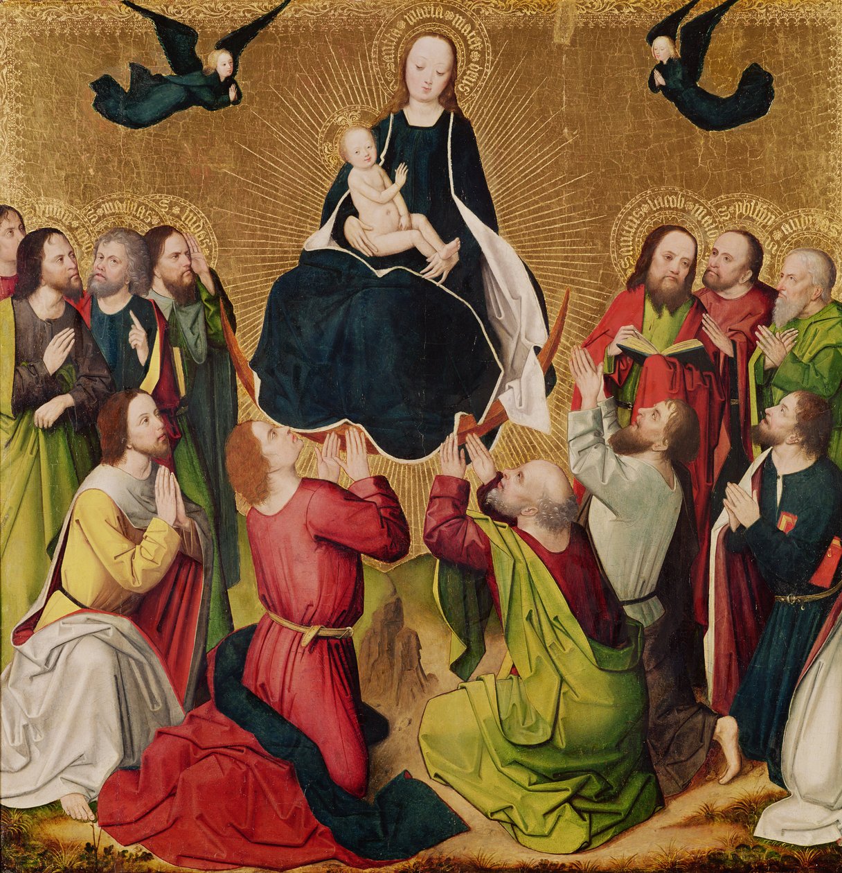 Jomfruen i herlighed med apostlene, midterfelt i en triptychon, slutningen af det 15. århundrede (panel) af Master of the Lyversberg Passion