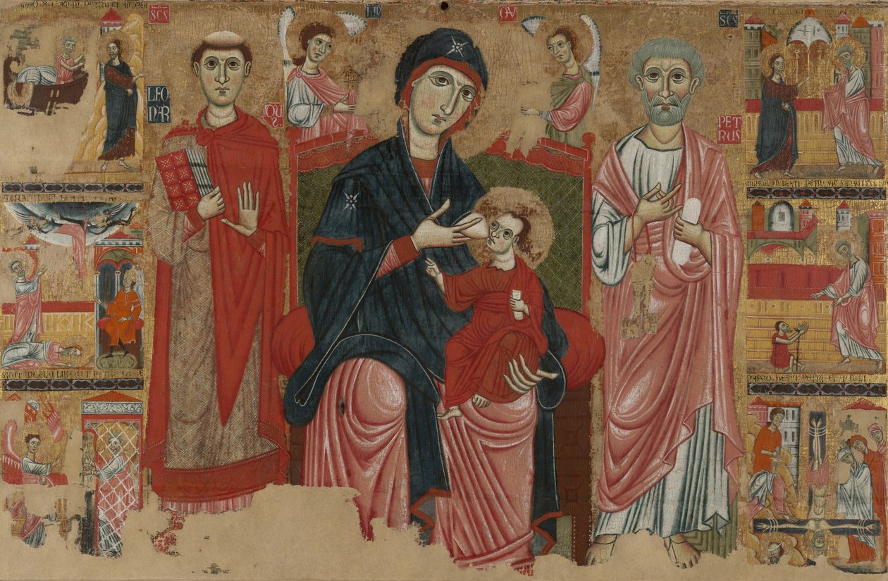 Jomfru og barn på tronen med de hellige Leonard og Peter og scener fra Sankt Peters liv, rnc.1280 (tempera på panel) af Master of the Magdalen