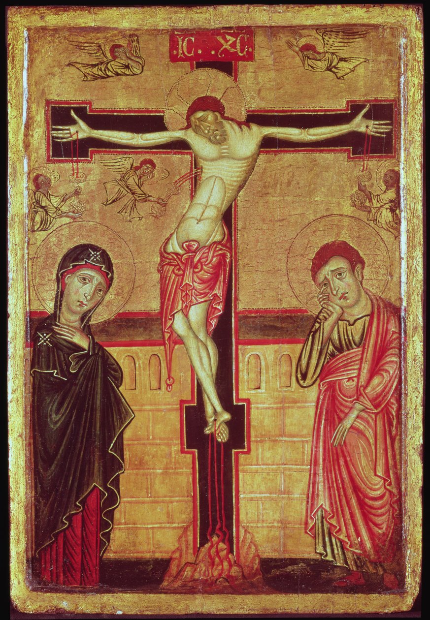 Kristus på korset, med Jomfru Maria, Johannes evangelisten og fem engle (tempera på panel) af Master of the Magdalene Altarpiece