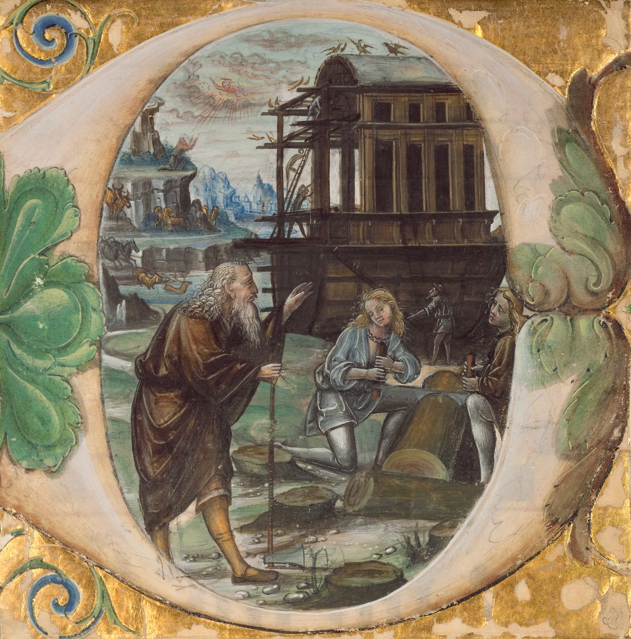 Initial D: Noah leder konstruktionen af arken, ca. 1500 (tempera, bladguld og blæk på pergament) af Master of the Monogram B.F Master of the Monogram B.F
