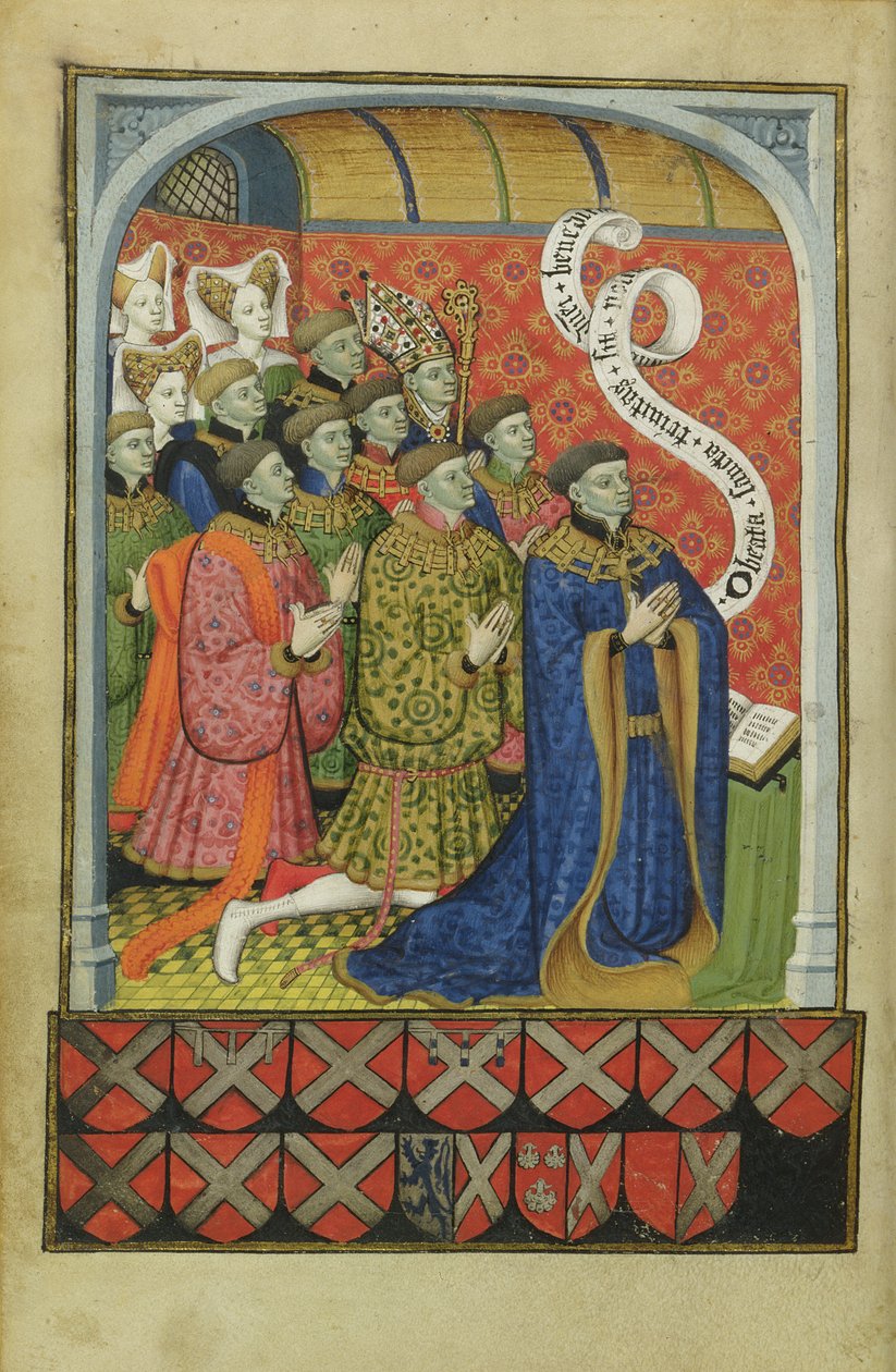 Lat 1158 f.27v Familien Neville ved bøn, fra Nevilles Timebog, 1430-35 af Master of the Munich Golden Legend