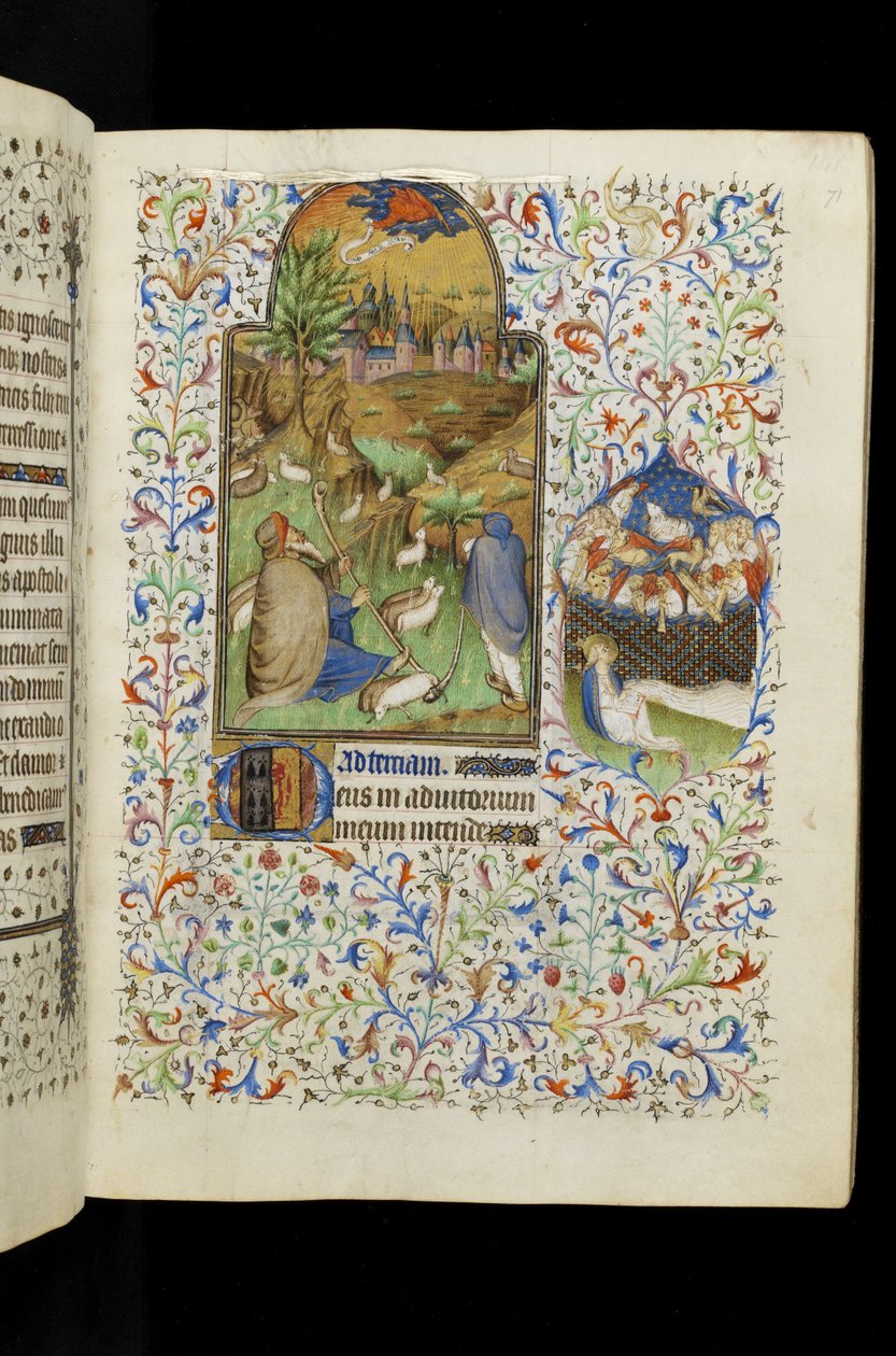 MS 62 f.71r Jomfruens Tierce: Engel, der viser sig for hyrderne, fra en timebog af Master of the Rohan Hours