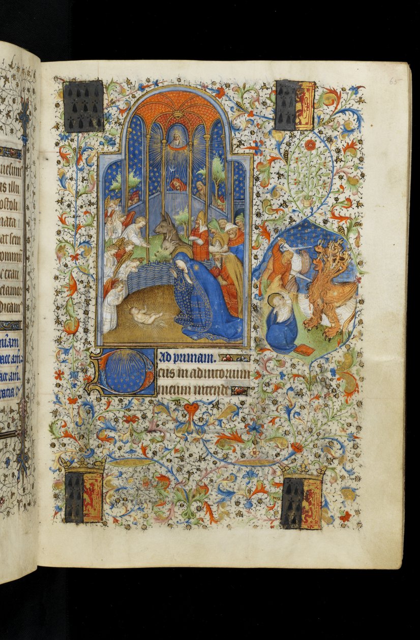 Ms 62 f.65r Jomfruen og Josef tilbeder spædbarnet Kristus, fra en timebog, ca. 1418 af Master of the Rohan Hours