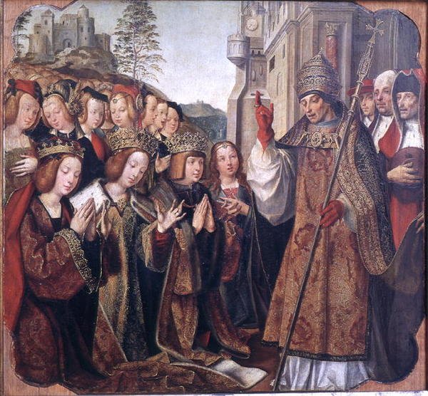 Paven velsigner St. Auta, St. Ursula og Prins Etherius, fra St. Auta-altertavlen, ca. 1520 af Master of the St. Auta Altarpiece